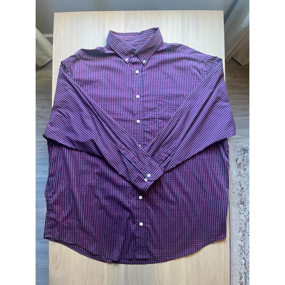Roundtree & Yorke Mens 2XB Navy Red Gingham Check Button Down Shirt Long Sleeve
